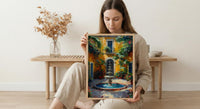 Sunlit Colonial Courtyard Poster, Mexican Hacienda Home Decor - Stone Fountain Tropical Plant Summer