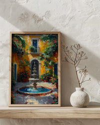 Sunlit Colonial Courtyard Poster, Mexican Hacienda Home Decor - Stone Fountain Tropical Plant Summer