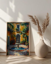 Sunlit Colonial Courtyard Poster, Mexican Hacienda Home Decor - Stone Fountain Tropical Plant Summer