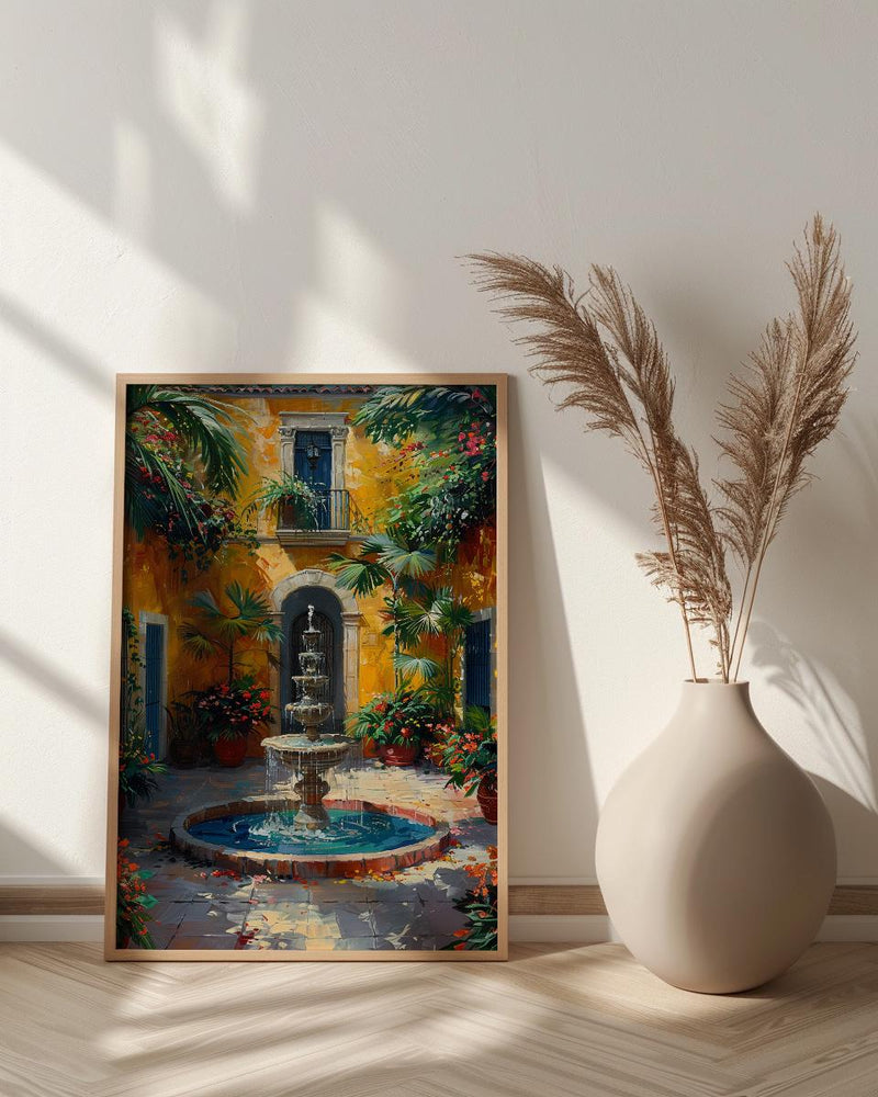 Sunlit Colonial Courtyard Poster, Mexican Hacienda Home Decor - Stone Fountain Tropical Plant Summer