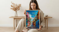 Papel Picado Street Art Print, Festive Mexico Decor - Colorful Flag Cobblestone Summer Vibe