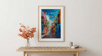 Papel Picado Street Art Print, Festive Mexico Decor - Colorful Flag Cobblestone Summer Vibe