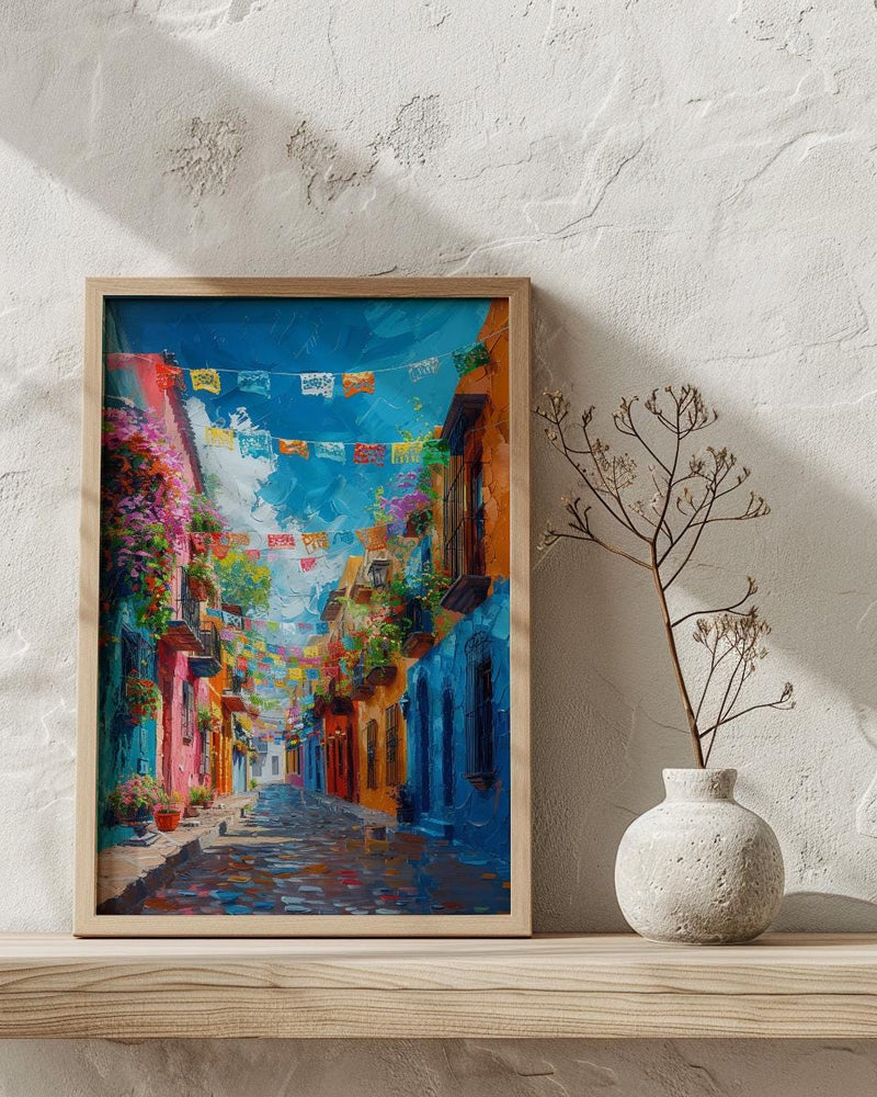 Papel Picado Street Art Print, Festive Mexico Decor - Colorful Flag Cobblestone Summer Vibe