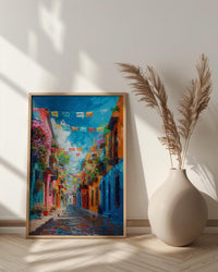 Papel Picado Street Art Print, Festive Mexico Decor - Colorful Flag Cobblestone Summer Vibe