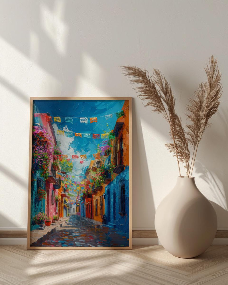 Papel Picado Street Art Print, Festive Mexico Decor - Colorful Flag Cobblestone Summer Vibe