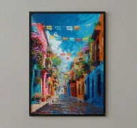 Papel Picado Street Art Print, Festive Mexico Decor - Colorful Flag Cobblestone Summer Vibe