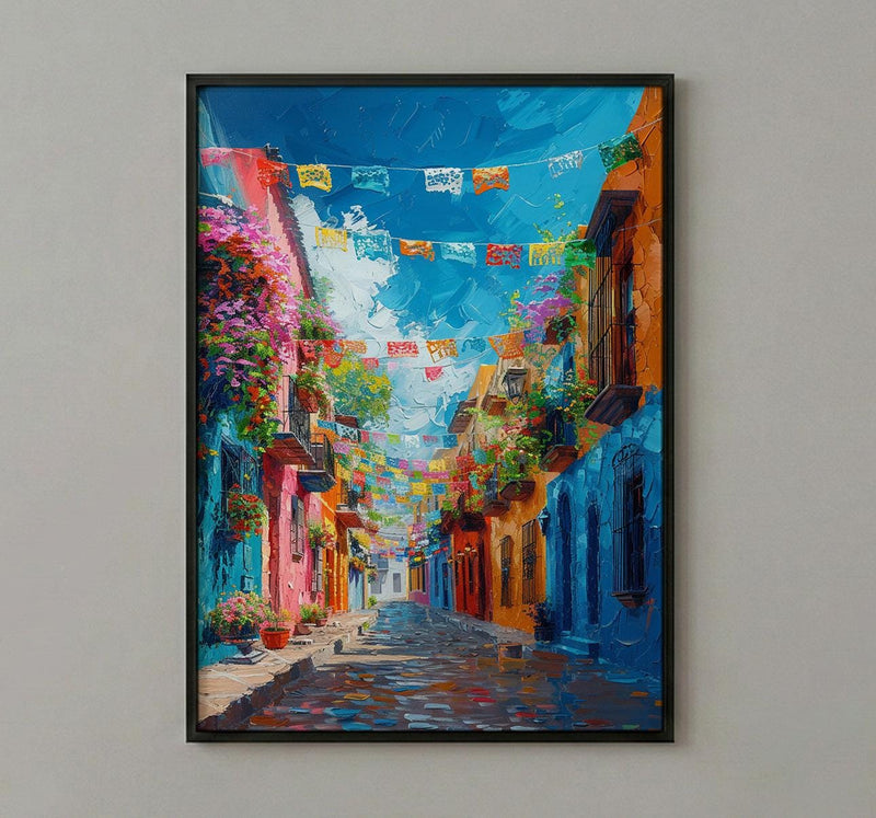 Papel Picado Street Art Print, Festive Mexico Decor - Colorful Flag Cobblestone Summer Vibe
