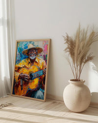 Plaza Guitar Musician Wall Art, Colonial Street Decor - Straw Hat Sun Drenched Summer