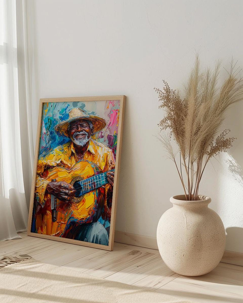 Plaza Guitar Musician Wall Art, Colonial Street Decor - Straw Hat Sun Drenched Summer