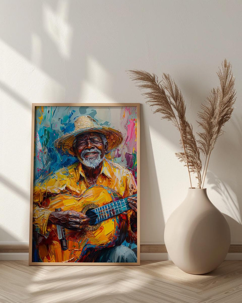 Plaza Guitar Musician Wall Art, Colonial Street Decor - Straw Hat Sun Drenched Summer