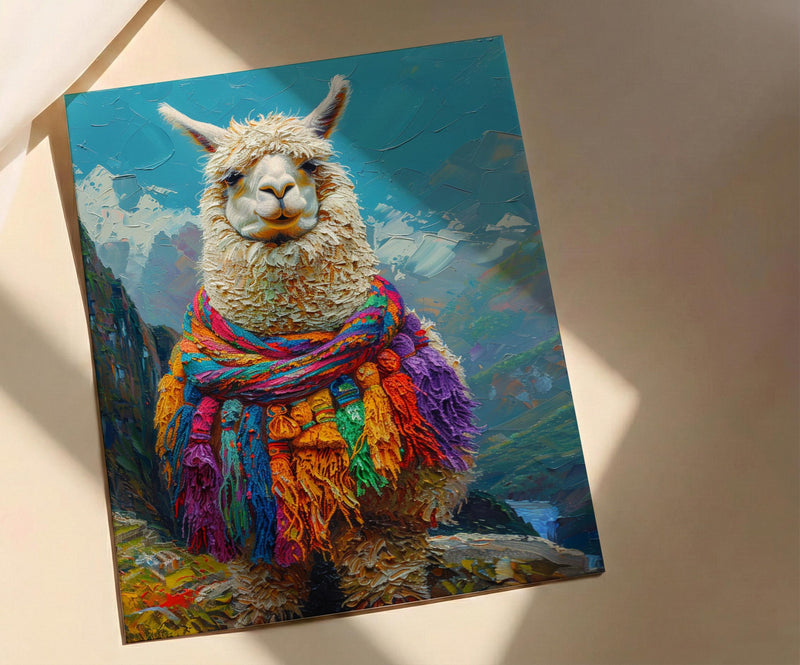 Machu Picchu Llama Poster, Peru Andean Magic Decor - Mystical Green Terrace Summer Morning