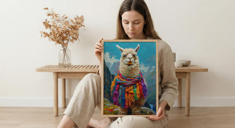Machu Picchu Llama Poster, Peru Andean Magic Decor - Mystical Green Terrace Summer Morning