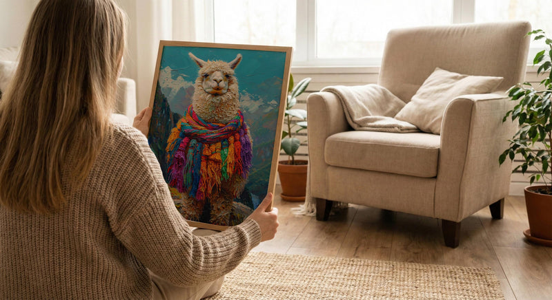 Machu Picchu Llama Poster, Peru Andean Magic Decor - Mystical Green Terrace Summer Morning