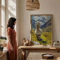 White Alpaca Art Print, Lush Andean Valley Decor - Green Mountain Snow Peak Summer