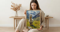 White Alpaca Art Print, Lush Andean Valley Decor - Green Mountain Snow Peak Summer