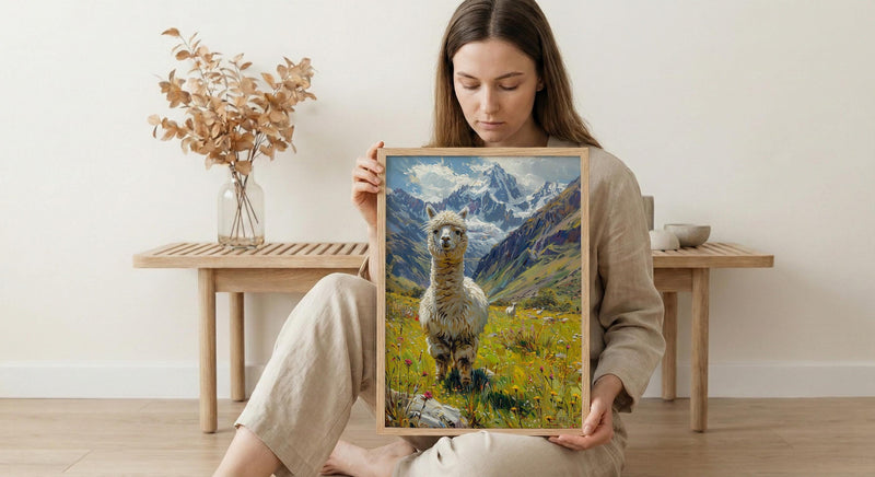 White Alpaca Art Print, Lush Andean Valley Decor - Green Mountain Snow Peak Summer