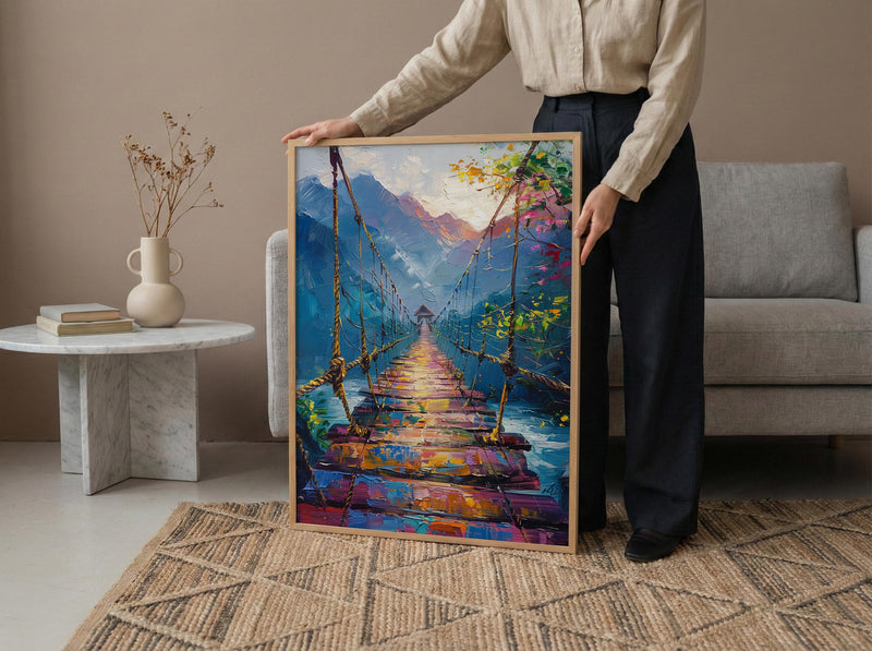 Inca Hanging Bridge Wall Art, Peru Canyon Decor - Woven Grass Rope Summer Sun