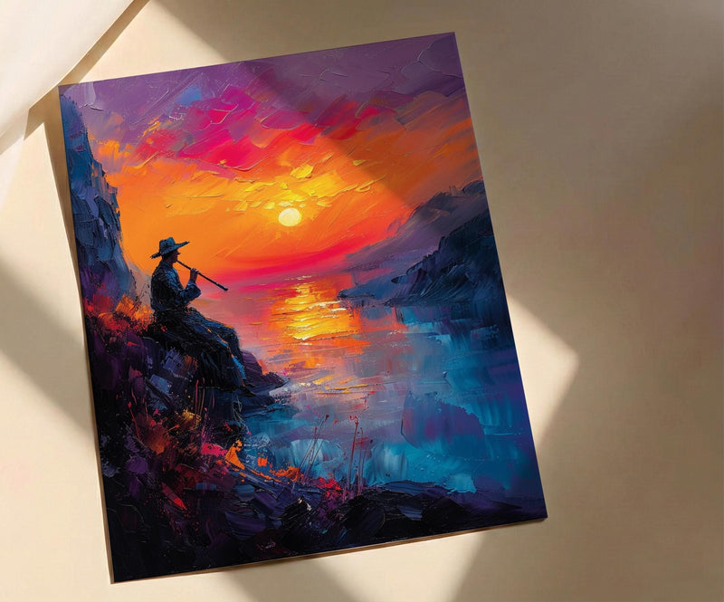 Andean Flute Player Poster, Mountain Sunset Room Decor - Vibrant Orange Purple Sky Silhouette