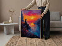 Andean Flute Player Poster, Mountain Sunset Room Decor - Vibrant Orange Purple Sky Silhouette