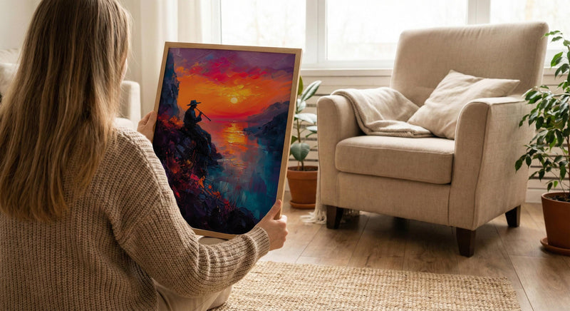 Andean Flute Player Poster, Mountain Sunset Room Decor - Vibrant Orange Purple Sky Silhouette
