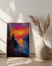 Andean Flute Player Poster, Mountain Sunset Room Decor - Vibrant Orange Purple Sky Silhouette