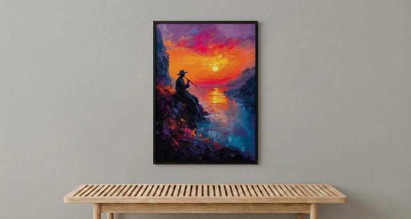 Andean Flute Player Poster, Mountain Sunset Room Decor - Vibrant Orange Purple Sky Silhouette