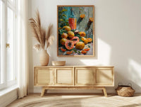 Fresh Papaya Mango Art Print, Tropical Fruit Decor - Rustic Wooden Table Summer Sunshine