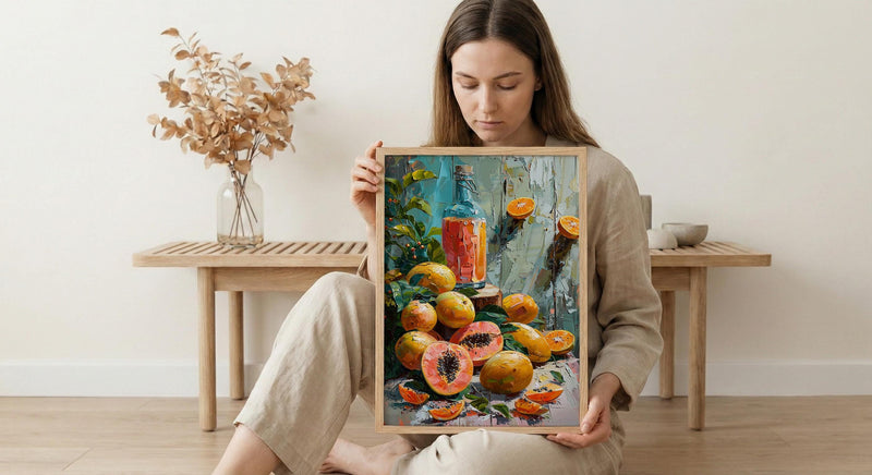 Fresh Papaya Mango Art Print, Tropical Fruit Decor - Rustic Wooden Table Summer Sunshine