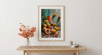 Fresh Papaya Mango Art Print, Tropical Fruit Decor - Rustic Wooden Table Summer Sunshine