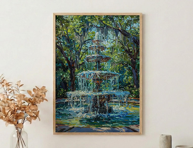 Savannah Forsyth Park Art Print, Southern Charm City Decor - White Fountain Summer Greenery