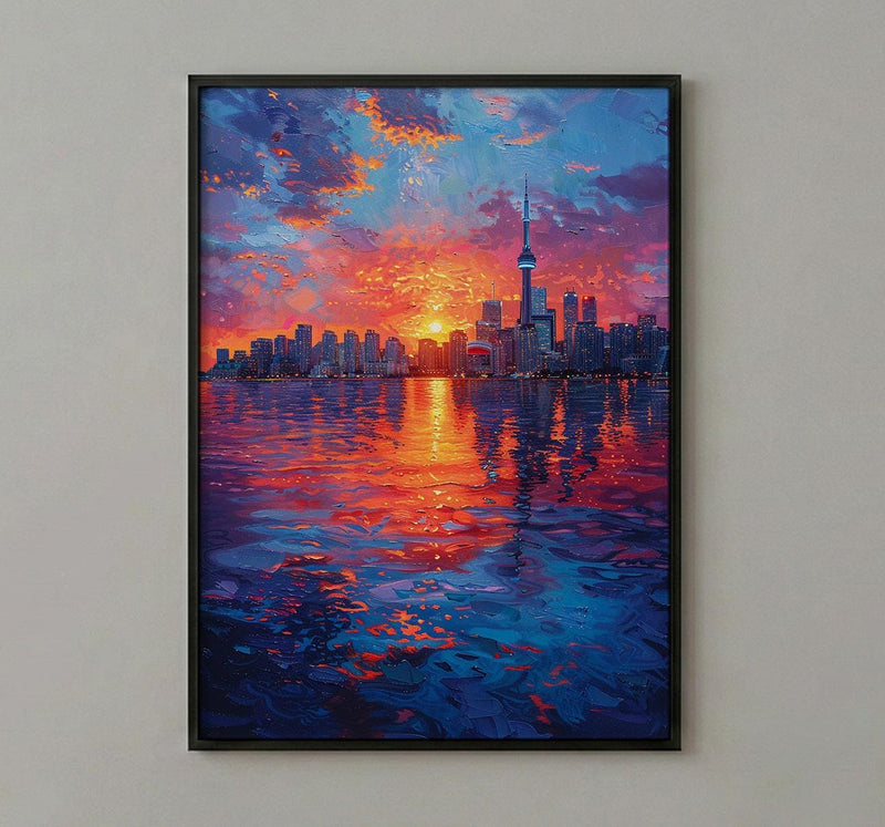 Toronto Skyline Sunset Wall Art, Canada Cityscape Home Decor - Calm Lake Water Reflection