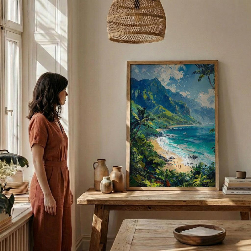 Kauai Hanalei Bay Wall Art, Lush Tropical Island Decor - Majestic Green Mountain Summer Ocean