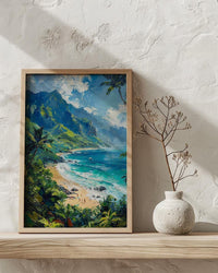 Kauai Hanalei Bay Wall Art, Lush Tropical Island Decor - Majestic Green Mountain Summer Ocean