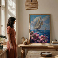 Nantucket Sailboat Harbor Poster, Preppy East Coast Summer Decor - Vibrant Pink Hydrangea Ocean View