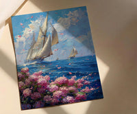 Nantucket Sailboat Harbor Poster, Preppy East Coast Summer Decor - Vibrant Pink Hydrangea Ocean View