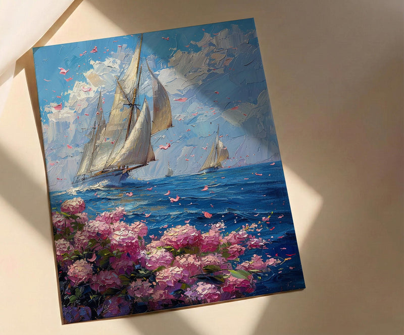 Nantucket Sailboat Harbor Poster, Preppy East Coast Summer Decor - Vibrant Pink Hydrangea Ocean View