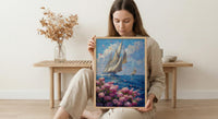 Nantucket Sailboat Harbor Poster, Preppy East Coast Summer Decor - Vibrant Pink Hydrangea Ocean View