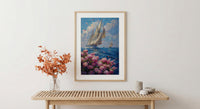 Nantucket Sailboat Harbor Poster, Preppy East Coast Summer Decor - Vibrant Pink Hydrangea Ocean View