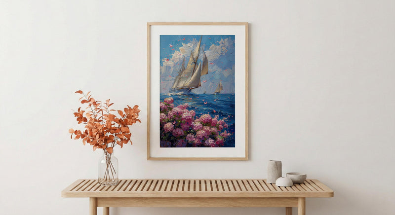 Nantucket Sailboat Harbor Poster, Preppy East Coast Summer Decor - Vibrant Pink Hydrangea Ocean View