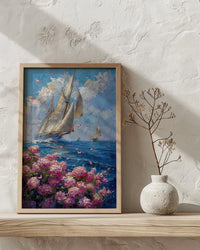 Nantucket Sailboat Harbor Poster, Preppy East Coast Summer Decor - Vibrant Pink Hydrangea Ocean View