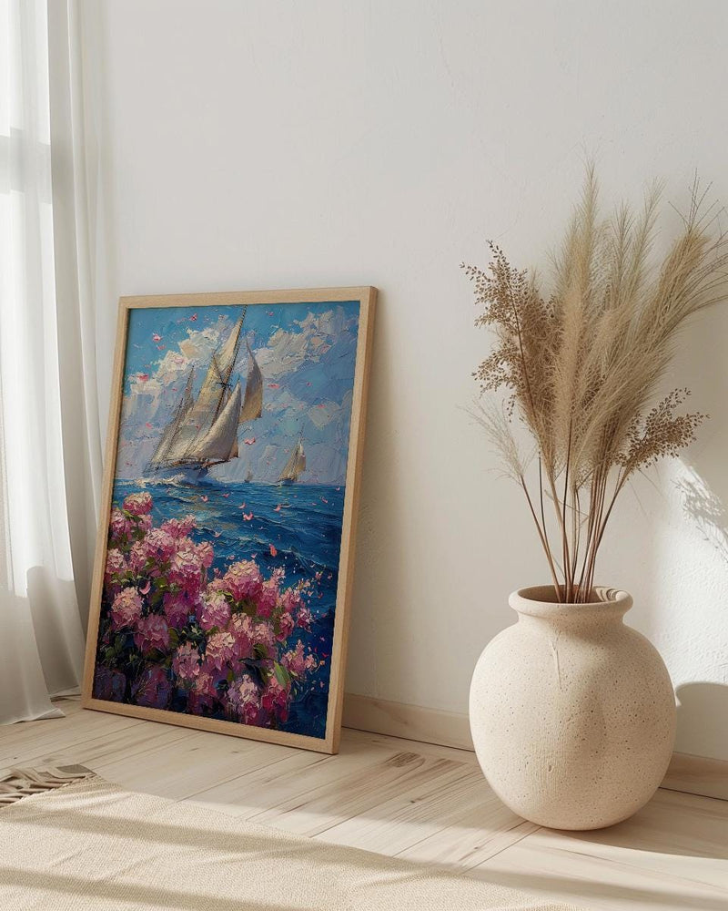 Nantucket Sailboat Harbor Poster, Preppy East Coast Summer Decor - Vibrant Pink Hydrangea Ocean View