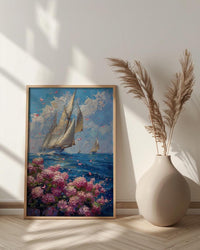 Nantucket Sailboat Harbor Poster, Preppy East Coast Summer Decor - Vibrant Pink Hydrangea Ocean View