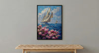 Nantucket Sailboat Harbor Poster, Preppy East Coast Summer Decor - Vibrant Pink Hydrangea Ocean View