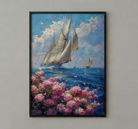 Nantucket Sailboat Harbor Poster, Preppy East Coast Summer Decor - Vibrant Pink Hydrangea Ocean View