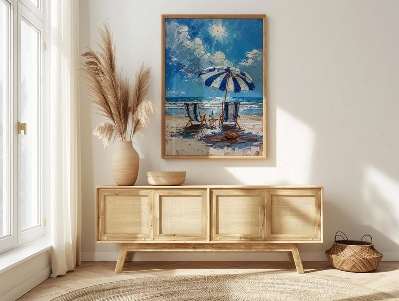 Hamptons Beach Club Art Print, Luxury Coastal Navy Decor - Striped Umbrella Pristine White Sand