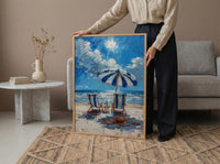 Hamptons Beach Club Art Print, Luxury Coastal Navy Decor - Striped Umbrella Pristine White Sand