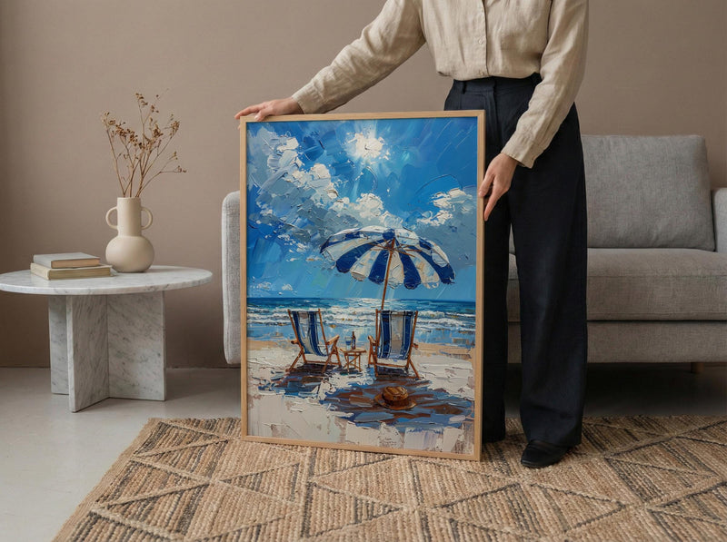 Hamptons Beach Club Art Print, Luxury Coastal Navy Decor - Striped Umbrella Pristine White Sand