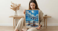 Hamptons Beach Club Art Print, Luxury Coastal Navy Decor - Striped Umbrella Pristine White Sand
