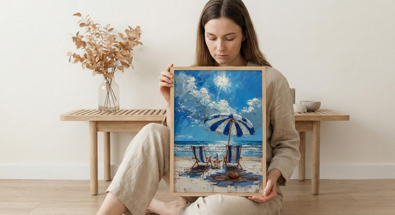 Hamptons Beach Club Art Print, Luxury Coastal Navy Decor - Striped Umbrella Pristine White Sand