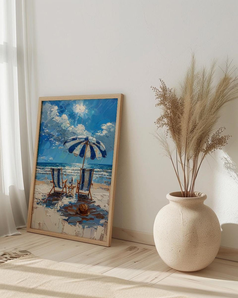 Hamptons Beach Club Art Print, Luxury Coastal Navy Decor - Striped Umbrella Pristine White Sand